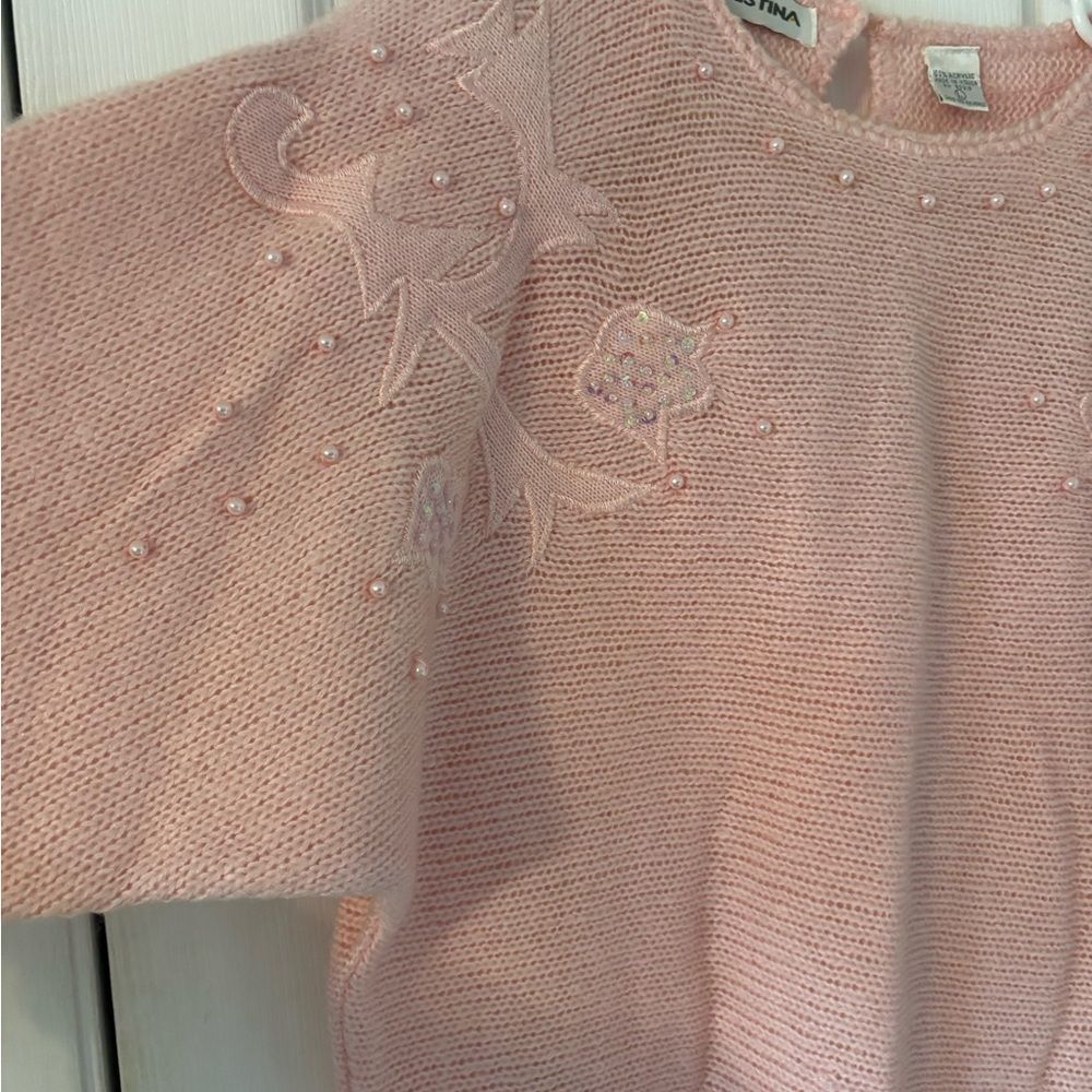 Pink Pearl Embellished Knit Sweater Vintage L - Picture 4 of 6